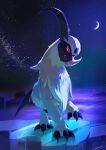  absol bright_pupils claws crescent_moon fangs highres likey looking_down moon night no_humans open_mouth outdoors pink_eyes pokemon pokemon_(creature) sky solo standing star_(sky) white_fur white_pupils 