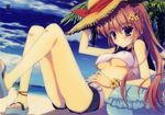  absurdres anklet bare_legs bare_shoulders beach belt blue_eyes blue_sky blush breasts brown_hair cloud covered_nipples crop_top day flower_bracelet hair_ornament hairclip hand_on_own_stomach hat highres ice_&amp;_choco jewelry legs long_hair looking_at_viewer medium_breasts midriff nanao_naru outdoors palm_tree ponytail sandals short_shorts shorts sky solo straw_hat sun_hat tree underboob 