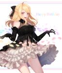  1girl ahoge akamatsu_kaede alternate_costume birthday black_bow black_collar black_fur black_gloves black_ribbon blonde_hair bow circle_skirt collar collared_dress commentary_request cowboy_shot danganronpa_(series) danganronpa_v3:_killing_harmony dress elbow_gloves floral_print frilled_skirt frills gem gloves hair_bow hair_ornament happy_birthday high_collar highres kogarashi_8 lace-trimmed_dress lace_trim long_hair looking_at_viewer miniskirt musical_note musical_note_hair_ornament open_mouth partial_commentary petals pink_eyes red_gemstone ribbon simple_background skirt smile solo striped_bow waist_bow white_background white_skirt 