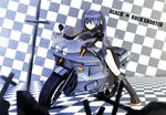  belt black_hair black_rock_shooter black_rock_shooter_(character) blue_eyes boots burning_eye glowing glowing_eye ground_vehicle honda long_hair looking_at_viewer motor_vehicle motorcycle navel shorts solo twintails yules 