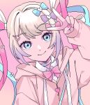  1girl blonde_hair blue_eyes bow bowtie chouzetsusaikawa_tenshi-chan eencya gradient_background hair_ornament hood hoodie looking_at_viewer needy_girl_overdose official_alternate_costume official_art pink_hoodie pink_nails second-party_source simple_background smile solo upper_body v 