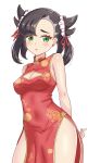  1girl absurdres alternate_costume arms_behind_back asymmetrical_bangs bare_shoulders black_hair blush breasts china_dress chinese_clothes cleavage cleavage_cutout clothing_cutout commentary_request dress earrings eyelashes frills green_eyes hair_horns highres jewelry maho_(corotonton5150) marnie_(pokemon) medium_breasts medium_hair open_mouth parted_lips pokemon pokemon_swsh simple_background solo white_background 