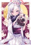  1girl absurdres black_scarf blue_archive blush book closed_mouth egasumi flower grey_hair hair_flower hair_ornament highres holding holding_book japanese_clothes kimono long_hair long_sleeves looking_at_viewer multiple_views mutsuki_(blue_archive) mutsuki_(new_year)_(blue_archive) obi official_alternate_costume official_alternate_hairstyle petals pink_eyes pink_flower sash scarf smile sorashima_(117) tongue tongue_out white_flower white_kimono wide_sleeves 