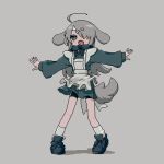  1girl absurdres ahoge animal_ears apron bike_shorts black_footwear black_shirt black_skirt blush bone_hair_ornament collar collared_shirt dog_ears dog_girl dog_tail floppy_ears grey_background grey_eyes grey_hair hair_ornament hair_over_one_eye highres long_hair long_sleeves looking_at_viewer nuinuiwawan_(character) open_mouth original outstretched_arms pixel_art pleated_skirt shirt sidelocks simple_background sivcha skirt smile socks solo spiked_collar spikes spread_arms standing tail tongue white_apron white_socks 