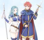  1boy 1girl aqua_hair armor blue_eyes blue_footwear blue_gloves boots breastplate cape dress eliwood_(fire_emblem) fingerless_gloves fiora_(fire_emblem) fire_emblem fire_emblem:_the_blazing_blade gloves ham_pon headband highres holding holding_polearm holding_weapon long_hair long_sleeves pegasus_knight_uniform_(fire_emblem) polearm red_hair short_dress short_hair short_sleeves side_slit simple_background smile thigh_boots weapon white_dress 