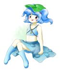  1girl blue_eyes blue_footwear blue_hair blue_skirt boots flat_chest full_body green_headwear hat kawashiro_nitori key nonamejd official_style short_hair sitting skirt solo touhou two_side_up zun_(style) 