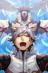  1boy bangs feathers glowing glowing_eyes grey_hair hankuri head_wings kamina_ayato male_focus mecha open_mouth pilot_suit rahxephon rahxephon_(mecha) red_eyes short_hair shouting 