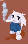 anthro big_ears cave_story clothed clothing drugs facial_scar female fur hi_res klazo lagomorph mammal marijuana meme mimiga scar simple_background smoke smoking smoking_weed solo standing sue_sakamoto sweater topwear white_body white_fur