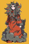  1boy ahoge braid brown_eyes clenched_hands facial_mark forehead_mark full_body gotoroku_(pkg) grey_hair highres hisuian_arcanine japanese_clothes kimono looking_at_viewer male_focus personification pokemon red_footwear red_kimono simple_background standing thick_eyebrows yellow_background 