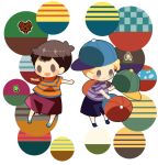  2boys backpack bag baseball_cap black_eyes black_hair blonde_hair blue_eyes blue_footwear boney brown_bag doseisan hat hitofutarai holding holding_clothes holding_hat lucas_(mother_3) male_focus mother_(game) mother_2 mother_3 multiple_boys ness_(mother_2) open_mouth outstretched_arms purple_shorts red_shorts shirt shorts sideways_hat socks solid_oval_eyes spread_arms striped_clothes striped_shirt super_smash_bros. white_background white_socks 