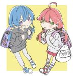  2girls :t aged_down ahoge alternate_costume ankle_socks asymmetrical_sidelocks backpack bag bandaid bandaid_on_face bandaid_on_leg black_bow black_hoodie blue_hair blush bow closed_mouth commentary_request dot_nose double-parted_bangs furrowed_brow grey_pants hair_between_eyes hair_bow hair_ornament highres holding_strap hololive hood hoodie hoshimachi_suisei kneehighs long_hair long_sleeves looking_at_viewer low_twintails multiple_girls pants pink_bag pink_hair pleated_skirt pouch pout purple_bag purple_eyes purple_socks randoseru red_skirt sakura_miko shoes skirt sneakers socks star_(symbol) star_hair_ornament star_in_eye striped_clothes striped_socks stuffed_animal stuffed_rabbit stuffed_toy sweater symbol_in_eye tongue tongue_out translation_request twintails virtual_youtuber white_socks white_sweater yaya_(pi63925174) 