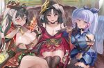  3girls absurdres armor azur_lane bare_shoulders benz black_hair blue_eyes blue_hair breastplate breasts cleavage commission cosplay costume_switch english_commentary fate/grand_order fate_(series) genshin_impact hand_on_own_cheek hand_on_own_face highres huge_breasts indoors japanese_armor japanese_clothes kamisato_ayaka katou_danzou_(fate) katou_danzou_(fate)_(cosplay) kimono large_breasts long_hair long_sleeves looking_at_viewer mask mask_on_head mechanical_arms multiple_girls red_eyes red_kimono red_ribbon ribbon sitting taihou_(azur_lane) taihou_(azur_lane)_(cosplay) very_long_hair wide_sleeves yellow_eyes 