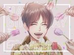  1boy brown_hair brown_jacket character_name closed_eyes commentary_request confetti eren_yeager flower happy_birthday holding holding_flower jacket male_focus open_mouth portrait shingeki_no_kyojin smile solo_focus tulip twitter_username yanase_814 