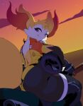 2024 anthro armor big_butt biped bodysuit braixen butt clothing female generation_6_pokemon headgear helmet hi_res juzztie looking_back motorcycle motorcycle_helmet nintendo outside pokemon pokemon_(species) pokemorph rear_view rista_(vulfox) sitting skinsuit smile solo sunset thick_thighs tight_clothing vehicle