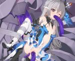  1girl anal breasts bronya_zaychik censored commentary_request commission earrings fellatio grey_eyes grey_hair highres honkai_(series) honkai_impact_3rd jewelry long_hair mosaic_censoring navel nipples one_eye_closed oral pixiv_commission pussy_juice small_breasts spread_legs tama_(tamatamo) tears torn_clothes triple_penetration vaginal 