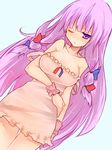  blush bow breasts camisole cleavage hair_bow long_hair medium_breasts one_eye_closed oshiruko_(tsume) patchouli_knowledge purple_eyes purple_hair simple_background solo strap_slip touhou wrist_cuffs 