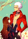  1girl aoto0000 archer bad_id bad_pixiv_id blush breast_grab breasts brown_eyes brown_hair collar couple fate/extra fate/extra_ccc fate_(series) grabbing hand_on_hip height_difference hetero jacket kishinami_hakuno_(female) long_hair school_uniform short_hair small_breasts tan tsukumihara_academy_uniform_(fate/extra_ccc) white_hair 