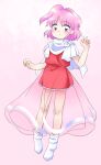  1girl bobby_socks dress full_body hand_up layered_dress looking_at_viewer nonamejd official_style pink_eyes pink_hair red_dress sara_(touhou) see-through short_hair single_horizontal_stripe socks solo touhou touhou_(pc-98) white_socks zun_(style) 