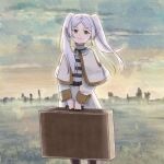  1girl capelet closed_mouth dangle_earrings dress earrings elf frieren green_eyes holding holding_suitcase horizon jewelry long_hair looking_at_viewer outdoors pointy_ears ryo_taton sky solo sousou_no_frieren standing suitcase twintails white_capelet white_dress white_hair 