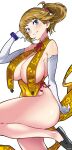  1girl absurdres aiuti blue_eyes breasts bridal_gauntlets brown_hair china_dress chinese_clothes cleavage dress gundam gundam_build_fighters gundam_build_fighters_try highres hoshino_fumina large_breasts looking_at_viewer ponytail scrunchie smile solo thick_thighs thighs yellow_dress 