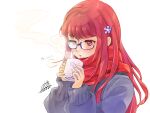  1girl alternate_costume blue-framed_eyewear blue_sweater blush breath commentary_request cup dated fingernails glasses hair_ornament highres holding holding_cup long_hair long_sleeves mug parted_lips persona persona_5 persona_5_the_royal qoo1234 red_eyes red_hair scarf signature simple_background sweater white_background yoshizawa_sumire 