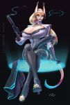 2022 anthro big_breasts biped black_background black_clothing black_legwear black_thigh_boots black_thigh_highs blonde_hair blue_eyes blue_eyeshadow blue_toenails boots breasts caracal caracal_(genus) cherise_mercier cleavage clothed clothing crossed_legs cybernetic_arm cybernetic_limb dated dominant dominant_female dominant_gynomorph dominant_intersex ear_piercing ear_ring english_text erection eyeshadow felid feline female footwear genitals glans gun gynomorph hair handgun hi_res high_heeled_boots high_heels holding_gun holding_handgun holding_object holding_weapon huge_breasts humanoid_genitalia humanoid_penis intersex legwear long_penis makeup mammal open_mouth penis piercing ponytail pupils ranged_weapon ring_piercing signature simple_background sitting slit_pupils smoking_gun solo speech_bubble text thigh_boots thigh_highs weapon wmdiscovery93