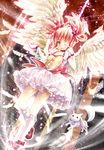  :3 angel_wings arms_up bad_id bad_pixiv_id bubble_skirt choker feathers gloves hair_ribbon highres kaname_madoka kyubey lights magical_girl mahou_shoujo_madoka_magica one_eye_closed open_mouth pink_eyes pink_hair red_eyes ribbon shirt skirt smile soul_gem tears twintails white_gloves wings wiping_tears yunagram_(myage) 