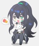  1boy aqua_eyes belt black_belt black_coat black_eyes black_hair black_pants chibi cinnamoroll coat collared_shirt full_body haloyxxxxxxx heterochromia high_ponytail highres hong_lu_(project_moon) limbus_company long_hair long_sleeves necktie open_mouth pants project_moon red_necktie sanrio shirt sidelocks smile solo very_long_hair white_shirt 