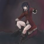  black_gloves black_hair black_rock_shooter black_rock_shooter_(character) blue_eyes boots christmas coat cross-laced_footwear fur_trim gloves knee_boots lace-up_boots long_coat navel red_coat riftgarret short_shorts shorts sitting thighs twintails v 
