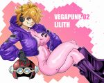  1girl blumper3 bodysuit breasts crossed_legs gloves helmet highres jacket large_breasts leather leather_jacket one_eye_covered one_piece orange_hair pink_bodysuit purple_jacket sitting vegapunk_lilith 