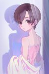  1girl absurdres androgynous bare_shoulders breasts brown_eyes brown_hair camisole curtains from_behind fujioka_haruhi hashtag_only_commentary highres long_sleeves looking_at_viewer looking_back off_shoulder open_clothes open_shirt ouran_high_school_host_club parted_lips phaysungyen red_eyes reflection shirt short_hair small_breasts solo spaghetti_strap surprised upper_body white_shirt 