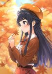  absurdres autumn_leaves b1ack_illust belt belted_skirt black_belt black_hair blue_eyes blue_sky blurry blurry_background blurry_foreground blush bow bowtie brown_bow brown_bowtie brown_headwear brown_jacket cloud commentary_request day falling_leaves frilled_shirt frills highres holding holding_leaf idolmaster idolmaster_million_live! jacket leaf long_hair long_sleeves mogami_shizuka outdoors red_skirt shirt sidelocks skirt sky smile tree upper_body white_shirt wing_collar 