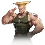  american_flag belt blonde_hair dog_tags guile hand_on_own_hip impossible_hair jewelry muscular muscular_male necklace salute serious simple_background street_fighter tank_top two-finger_salute watch wristwatch 