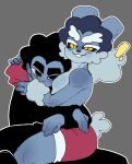 absurd_res alternate_species anthro black_hair black_sclera blue_body blue_fur blue_hair blue_skin blush blush_lines cheek_tuft clothing crispy_(evilcrispicular) curled_hair duo ear_piercing ear_ring evilcrispicular facial_tuft fur girly grey_background hair half-closed_eyes hi_res hoodie human izzy_(evilcrispicular) lagomorph leporid mammal multicolored_body narrowed_eyes on_lap piercing rabbit ring_piercing simple_background sitting_on_lap smile topwear tuft two_tone_body