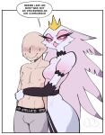 anon anthro avian bird blush breasts clothing crown demidoggo dialogue dress duo english_text feathers female headgear helluva_boss hi_res human male male/female mammal owl owl_demon pink_eyes simple_background stella_(helluva_boss) text underwear white_background white_body white_feathers