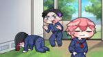  1girl 2boys all_fours black_hair blue_serafuku closed_eyes commentary_request gakuran grass hands_on_own_hips head_wings highres hololive komainu_channel multicolored_hair multiple_boys open_mouth pompadour purple_hair red_hair school_uniform serafuku short_hair streaked_hair sweat takane_lui tree two-tone_hair virtual_youtuber wings 