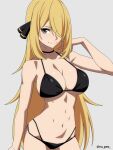  1girl bikini black_bikini black_choker blonde_hair breasts choker cleavage closed_mouth commentary_request cynthia_(pokemon) grey_background grey_eyes hair_ornament hair_over_one_eye highres large_breasts long_bangs long_hair looking_at_viewer pokemon ra-pen simple_background smile solo standing swimsuit twitter_username 