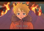  1boy animification blonde_hair blue_eyes commentary_request hood hood_down jacket kenny_mccormick letterboxed male_focus miyage_no_nukegara molten_rock orange_jacket solo south_park south_park:_bigger_longer_and_uncut translation_request upper_body volcano 