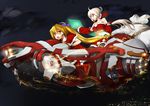  akita_neru blonde_hair boots bow christmas grey_hair hair_bow headset holographic_interface holographic_monitor hover_bike long_hair multiple_girls night night_sky open_mouth pantyhose ponytail red_eyes sack santa_boots santa_costume silver_hair sky tadano_magu vocaloid voyakiloid yellow_eyes yowane_haku 