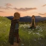  1boy 1girl absurdres armlet blonde_hair blue_tunic cape champion&#039;s_tunic_(zelda) choker cloud earrings gloves grass half_updo headdress highres jewelry leather leather_gloves link medium_hair mountainous_horizon necklace outdoors parted_bangs plain pointy_ears princess_zelda short_hair sidelocks smile the_legend_of_zelda the_legend_of_zelda:_tears_of_the_kingdom toga tunic twilight yuno_11_02 