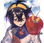  1boy black_hair blue_shirt cloud collared_shirt commentary crossed_bangs dipplin gloves hair_between_eyes highres ikaooi1 jacket kieran_(pokemon) male_focus necktie one_eye_closed open_mouth orange_eyes pokemon pokemon_(creature) pokemon_sv purple_hair red_gloves red_necktie shirt sky solo upper_body white_jacket 