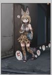  1girl :3 animal_ears animal_print armpit_crease bag blonde_hair blue_eyes blush border commentary_request elbow_gloves full_body gloves grey_border grey_shirt hallway i_love_serval indoors jaggy_lines kemono_friends looking_ahead medium_hair musical_note neckerchief open_clothes open_mouth open_shirt orange_gloves orange_neckerchief orange_skirt orange_thighhighs print_gloves print_neckerchief print_skirt print_thighhighs raised_eyebrows sandals serval_(kemono_friends) shirt shoulder_bag skirt sleeveless sleeveless_shirt smile solo spoken_musical_note spoken_sound_effect tail thighhighs translation_request walking 