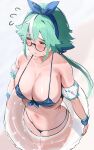  1girl alternate_breast_size averting_eyes bikini blue_bikini blue_hairband blue_nails blush bow_hairband breasts cleavage english_commentary flying_sweatdrops front-tie_bikini_top front-tie_top genshin_impact glasses green_hair hairband highres innertube large_breasts long_hair multicolored_hair navel okpriko orange_eyes semi-rimless_eyewear solo streaked_hair string_bikini sucrose_(genshin_impact) swim_ring swimsuit white_hair 