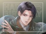  1boy black_hair brown_jacket character_name cloak commentary_request grey_cloak grey_eyes happy_birthday jacket levi_(shingeki_no_kyojin) male_focus portrait shingeki_no_kyojin solo twitter_username yanase_814 