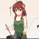  1girl absurdres ahoge apron blush bow breasts chopsticks cooking cowboy_shot demon_girl demon_horns demon_tail frying_pan green_apron highres holding holding_chopsticks holding_frying_pan horns looking_at_viewer machikado_mazoku medium_hair mole mole_under_eye no_nose parted_lips ponytail red_eyes red_hair shirt sidelocks simazuzuzuzu simple_background small_breasts solo sound_effects standing tail white_shirt yoshida_yuuko_(machikado_mazoku) 