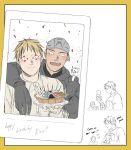  2boys aikawa_(dorohedoro) arms_around_neck baseball_cap black_hair blonde_hair blush colored_tips confetti couple doodle_inset dorohedoro english_text facial_mark happy hat holding holding_photo jade_drop looking_at_another looking_at_object male_focus medium_sideburns monochrome multicolored_hair multiple_boys no_eyebrows partially_colored photo_(object) risu_(dorohedoro) selfie thick_eyebrows yaoi 