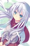  anceril_sacred bad_id bad_pixiv_id blue_eyes from_above hair_ornament highres long_hair looking_at_viewer looking_up mishima_kurone original pleated_skirt scarf shirokami_project silver_hair skirt smile snow snowing solo sweater 