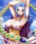  1girl absurdres armpits arms_up artist_name blue_hair blue_sky bracelet breasts brown_eyes cape cleavage clothing_cutout cloud commentary covered_nipples dress dripping earrings english_commentary eyelashes flying_sweatdrops highres jewelry large_breasts lips long_hair looking_at_viewer midriff nefertari_vivi one_piece parted_lips rakara11_(rakkarts) sky sleeveless sleeveless_dress smile solo stomach_cutout sweat sweaty_clothes swirling upper_body watermark wind 