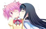  akemi_homura blush closed_eyes hairband kaname_madoka long_hair magical_girl mahou_shoujo_madoka_magica multiple_girls pink_eyes pink_hair school_uniform short_hair tri yuri 