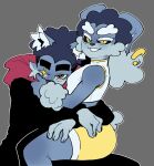 anthro black_sclera blue_body blue_fur blue_hair blush blush_lines canid canine canis cheek_tuft clothing crispy_(evilcrispicular) crop_top curled_hair domestic_dog duo ear_piercing ear_ring evilcrispicular facial_tuft fur girly grey_background hair half-closed_eyes hi_res hoodie inner_ear_fluff izzy_(evilcrispicular) lagomorph leporid mammal multicolored_body narrowed_eyes on_lap piercing rabbit ring_piercing shirt simple_background sitting_on_lap smile topwear tuft two_tone_body